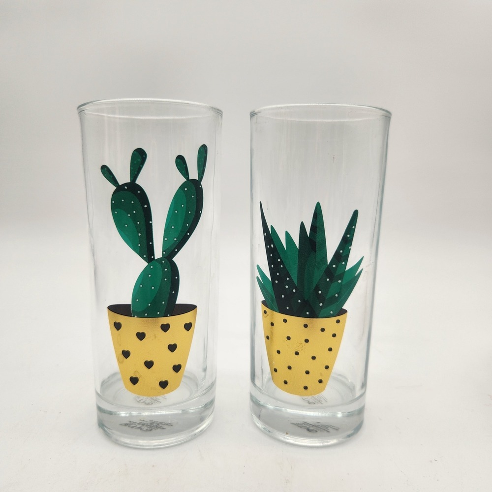TMD Holdings 2 Cactus Succulent Highball Glasses Set Gold Heart Polka Dot Pots